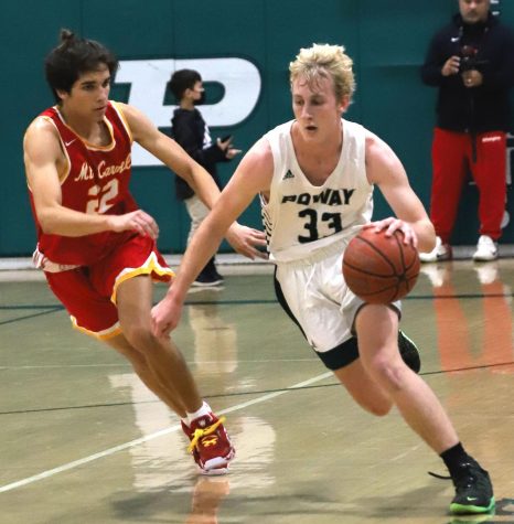 Junior Justin Lubisich takes a few efficient dribbles down the court, leading to the offensive end. The Titans beat Mt. Carmel, 74-72, in their Dec. 7 matchup. (Iliad/ Robert Houshan)