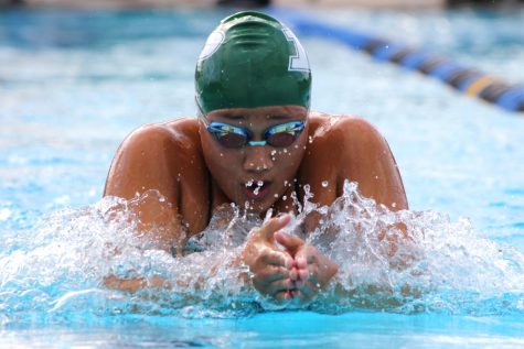 Swimming into a new record: On April 1 the Poway swim and dive team went agaisnt Westview. (Above) Sophomore Ashlyn Hernandez displays an amazing performance with her specialty, the breaststroke. 