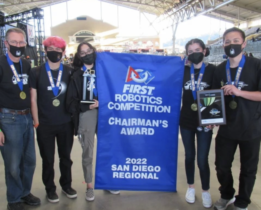 (From left to right) Advisor Rodger Dohm, junior Antonio Pantaleon, senior Isabel Vargas, senior Avery Donaldson, and sophomore Brendan Aeria pose proudly with their Chairmans Award at the 2022 San Diego Regional Robotics Competition.