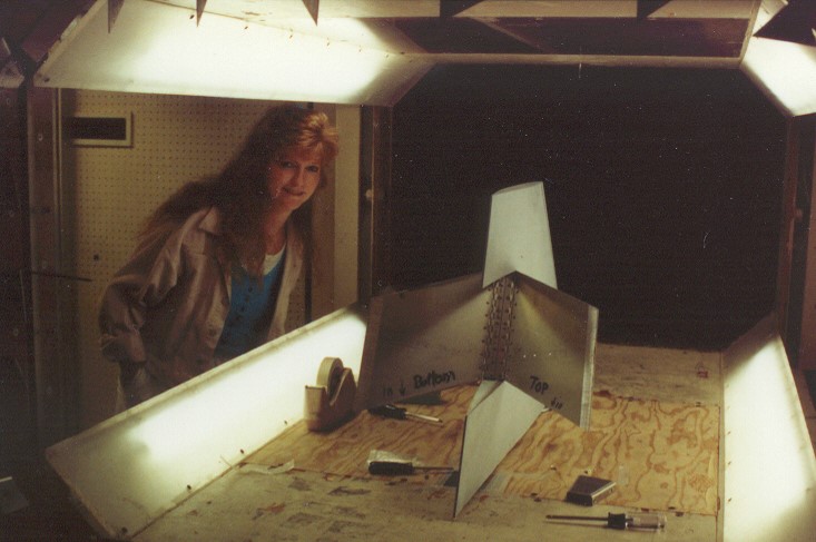 Theresa Bonafede posing inside a  wind tunnel at San Diego State in 1992. 		                                                    
