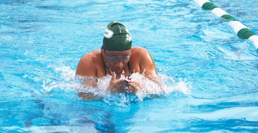 Junior Ashlyn Hernandez swims the breaststroke during the home dual meet against the Del Norte Nighthawks on March 23. Last season, she went to the CIF Finals for the individual breaststroke, individual medley, medley relay, and freestyle relay.