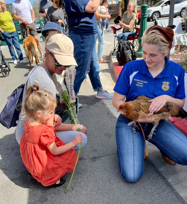 Spreading the love: Senior Genevieve Grismer shows a parent and child a chicken at the farmer’s market.                Courtesy of Lisa Grismer