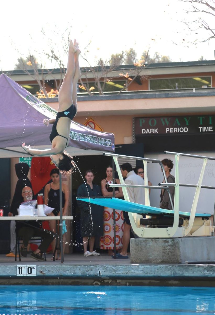 Junior Ava Hansuvada spins perfectly in line with pointed toes. This is Hansuvada's first year on the dive team after previously being a gymnast.